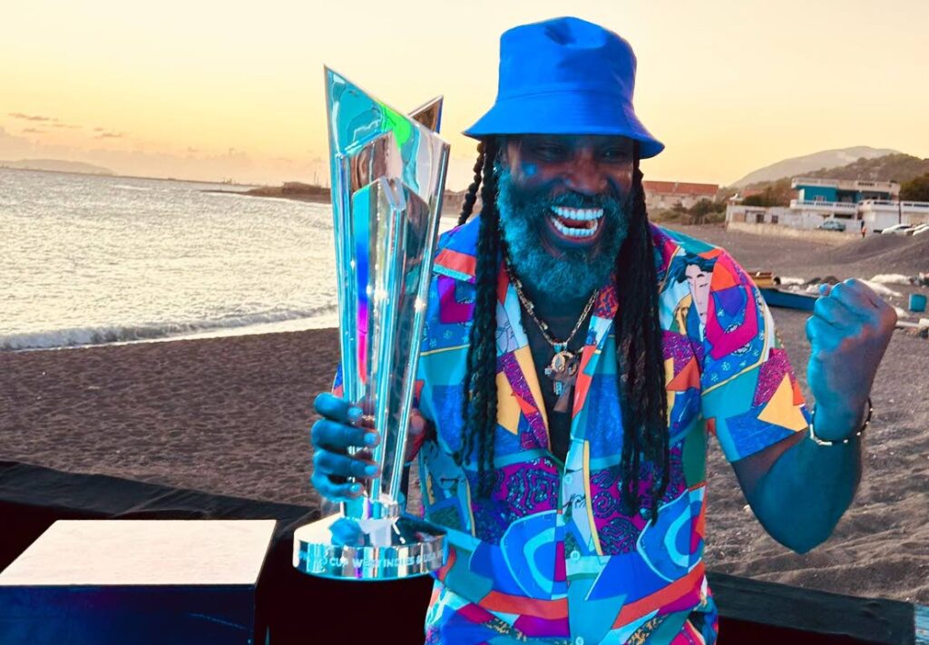 West Indies legend Chris Gayle with the ICC Men’s T20 World Cup trophy. - Photo courtesy Cricket West Indies