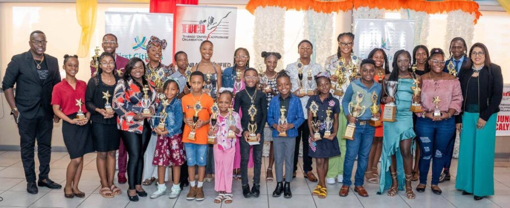 First Citizens group deputy CEO – operations and administration Neela Moonilal-Kissoon, president of TUCO Ainsley King, and Keisha King – member, Junior Calypso Monarch Committee, celebrate the young talent. - 