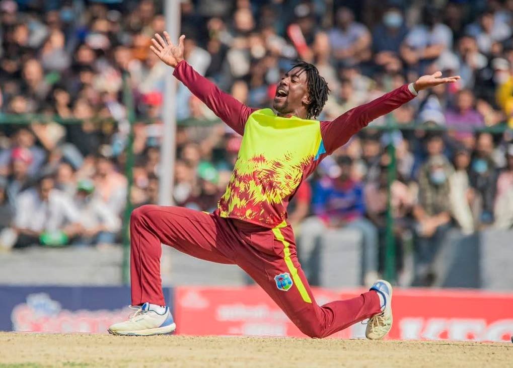 West Indies's Hayden Walsh celebrates a wicket during the third T20I against Nepal, at the Tribhuvan University International Cricket Ground, Kirtipur on May 1.  - Photo courtesy Nepal Cricket Association