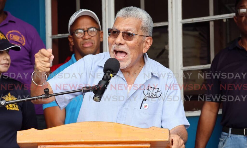 Political leader of the MSJ, David Abdulah address members of the Joint Trade Union Movement (JTUM) during the May Day march and rally in San Fernando on May 1. - Photo by Lincoln Holder 