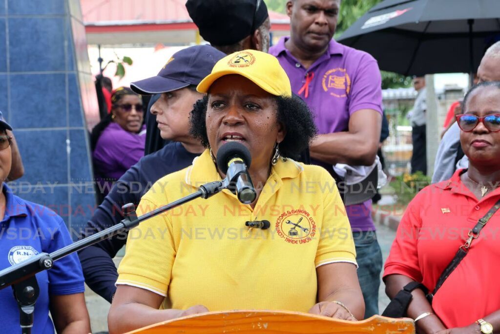 President-general of the and General Workers Trade Union Ermine De Bique-Meade delivers an address during the May Day march in San Fernando on May 1. - Photo by Lincoln Holder