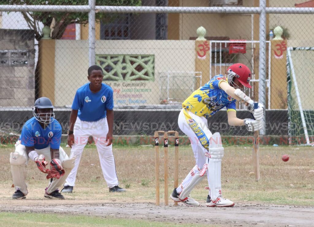 East Zone U13 batsman Rayhan Gooding plays a shot during his team’s interzone cricket match against Tobago U13s,
at the Knowles Street Recreation Ground, Curepe on May 1, 2024. - Angelo Marcelle