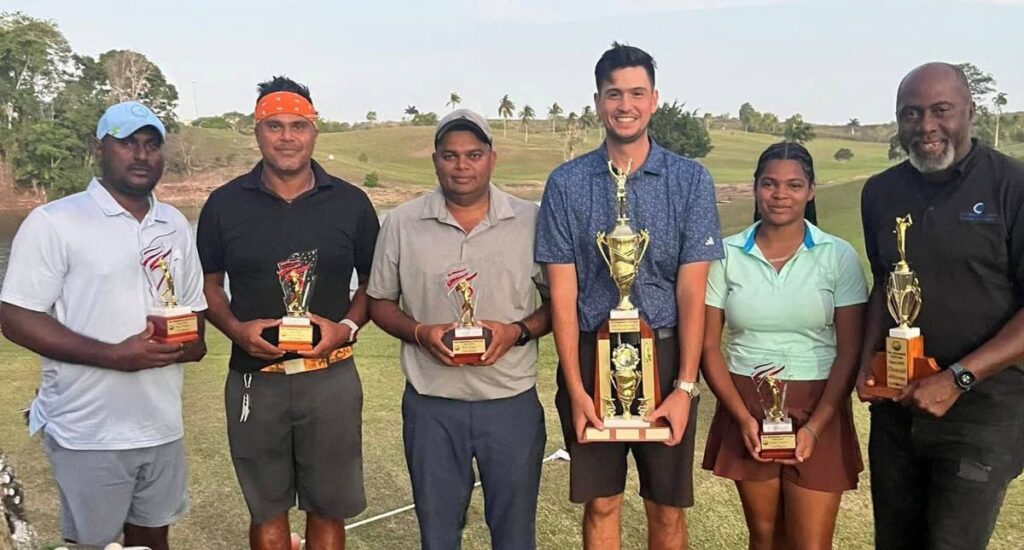 Ste Madeleine Golf Open 2023 winners Dwayne Ramlal, from left, Amir Ali, Kevesh Ramnath, Liam Bryden, Jada Charles, Chris Richards Snr. - 