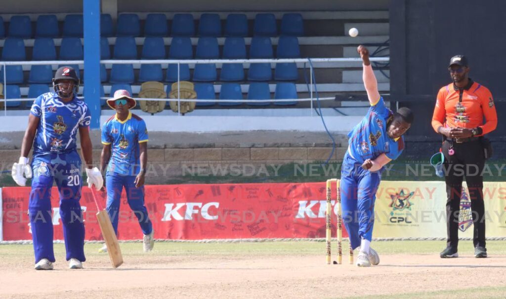 QPCC II's Kwasi Andrews bowls during the Trinbago Knight Riders T20 Festival match against Police, at the Queen's Park Oval, St Clair on May 2, 2024.  - Angelo Marcelle