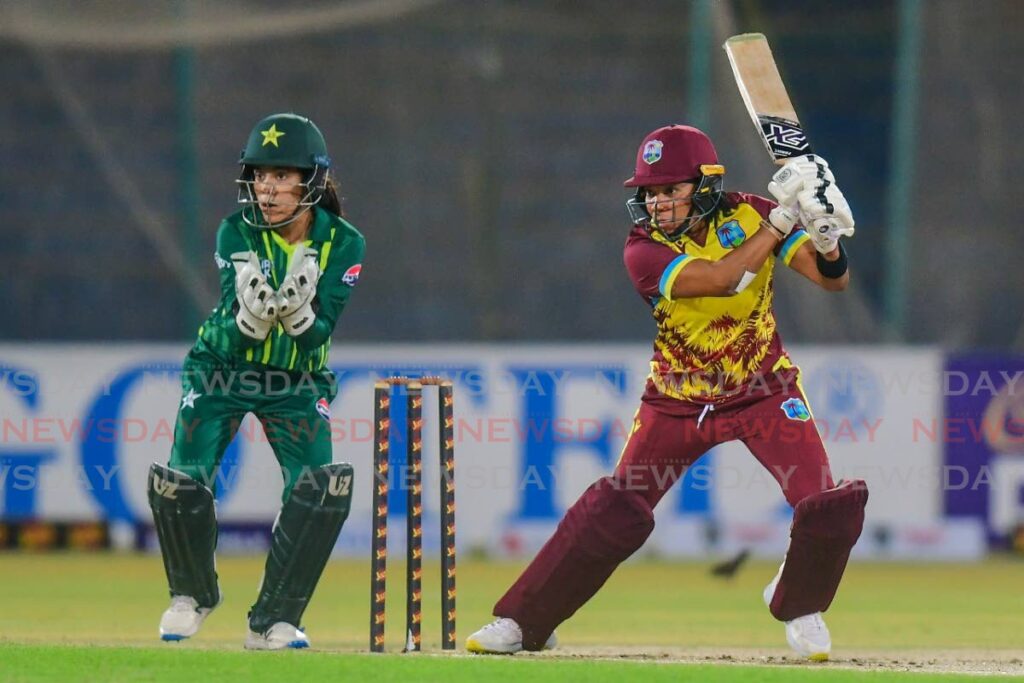 West Indies Chadean Nation plays a shot against Pakistan during the fourth T20I, at the National Stadium, Karachi, on May 2, 2024. - (PCB)