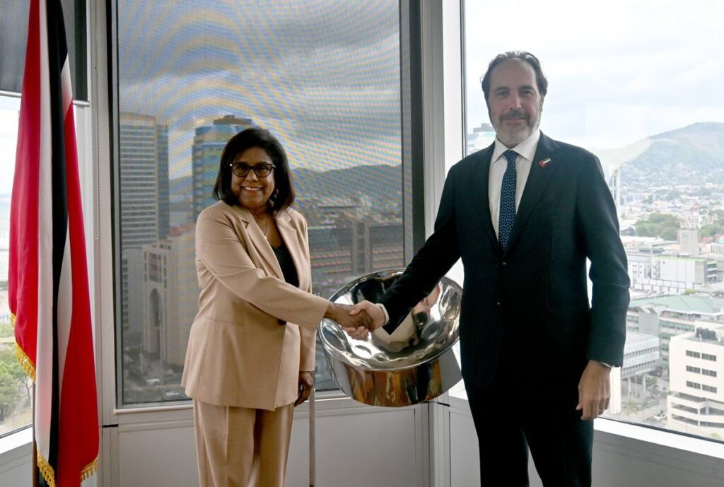 Senator the Hon. Paula Gopee-Scoon shakes hands with Mr. Omar Hassan Shehadeh, Envoy of the Minister of Foreign Affairs of the UAE, during his courtesy call at the Ministry of Trade and Industry’s Headquarters, Port of Spain on Wednesday, May 1, 2024. - Photo courtesy Ministry of Trade and Industry 
