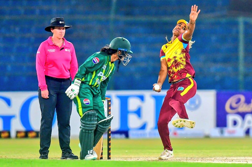 West Indies captain Hayley Matthews bowls against Pakistan in the fifth T20 at the National Stadium, Karachi, Pakistan on Friday.  - 