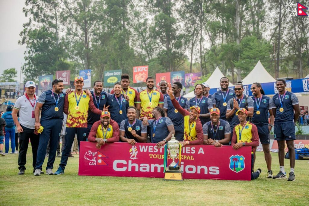 West Indies celebrate winning the Tour of Nepal T20 series at the Tribhuvan University International Cricket Ground in Kirtipur, Nepal on May 4.  - Photo courtesy the Cricket Association of Nepal