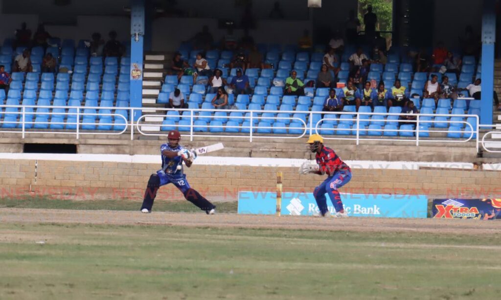 Police batsman Nicholas Sookdeosingh bats during the TKR T20 Festival premiership II final against Woodland Sports Club at the Queen’s Park Oval in St Clair on May 4, 2024. - Faith Ayoung