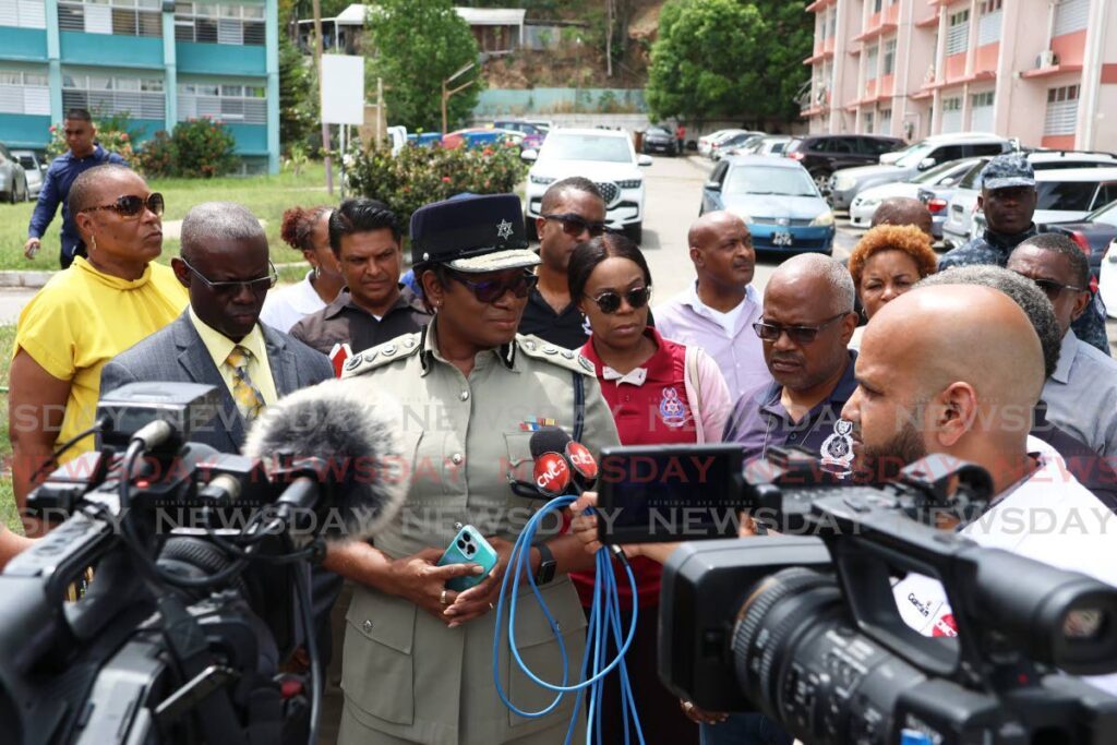 Police Commissioner Erla Harewood-Christopher addresses the media during her visit at Phase 1 Powder Magazine, Cocorite on May 5.  - Photo by Venessa Mohammed