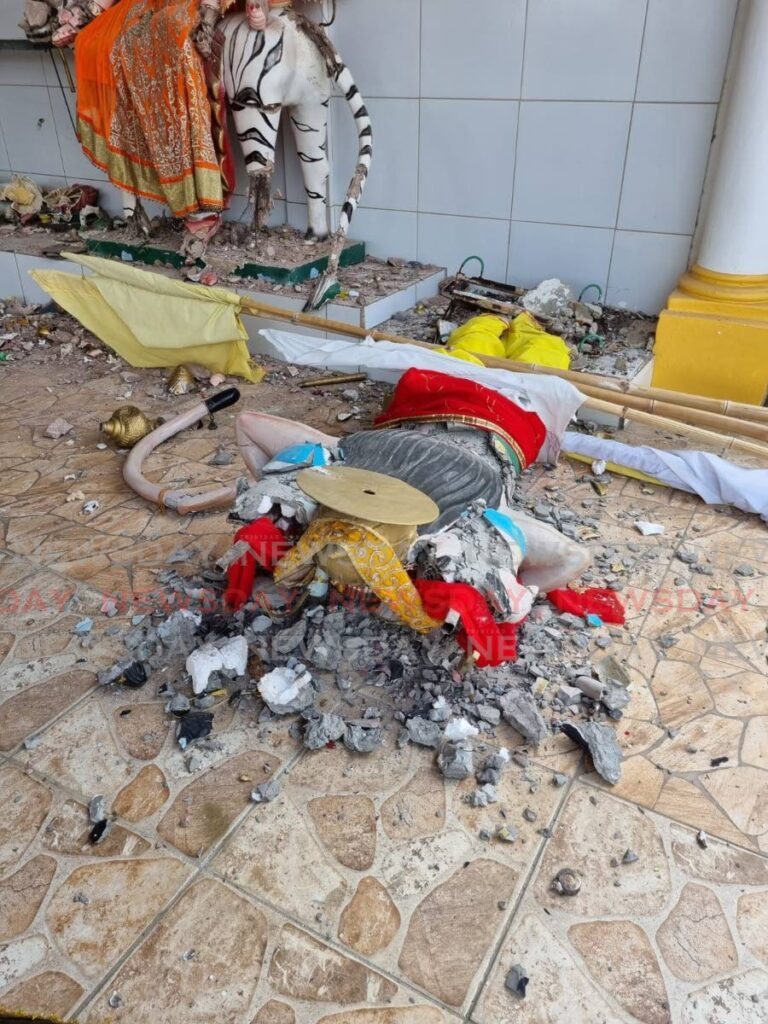 A Hanuman murti was among six destroyed by vandals at the Bharatiya Vidya Abhyas Mandali temple in Watts Street, Curepe. - Photo courtesy SDMS 