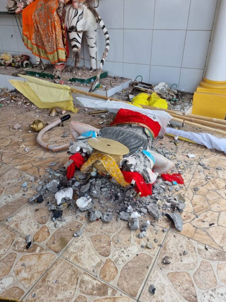 Destroyed murtis at the Bharatiya Vidya Abhyas Mandali temple in Watts Street, Curepe.