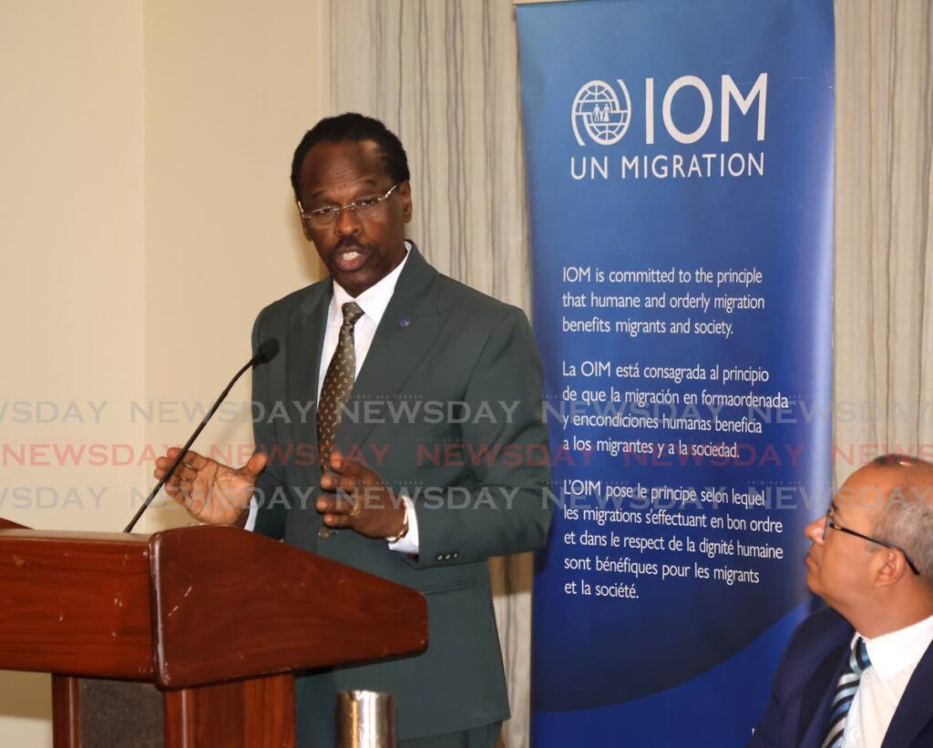 National Security Minister Fitzgerald Hinds gives remarks at the opening ceremony of the Organisation of Eastern Caribbean States (OECS) regional two-day workshop held at the Hilton Trinidad and Conference Centre in St Anns on May 8. - Photo by Roger Jacob