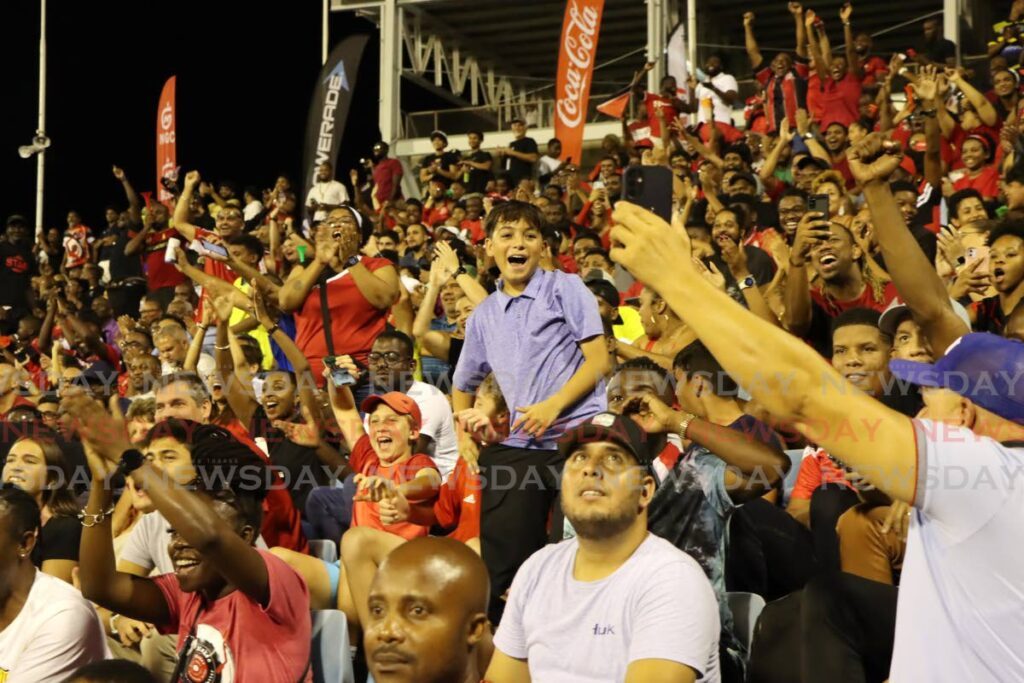 Football fans react during the Legends of Football match between Legends and TT All-Stars at Hasely Crawford Stadium, Port of Spain, on May 10, 2024. - AYANNA KINSALE