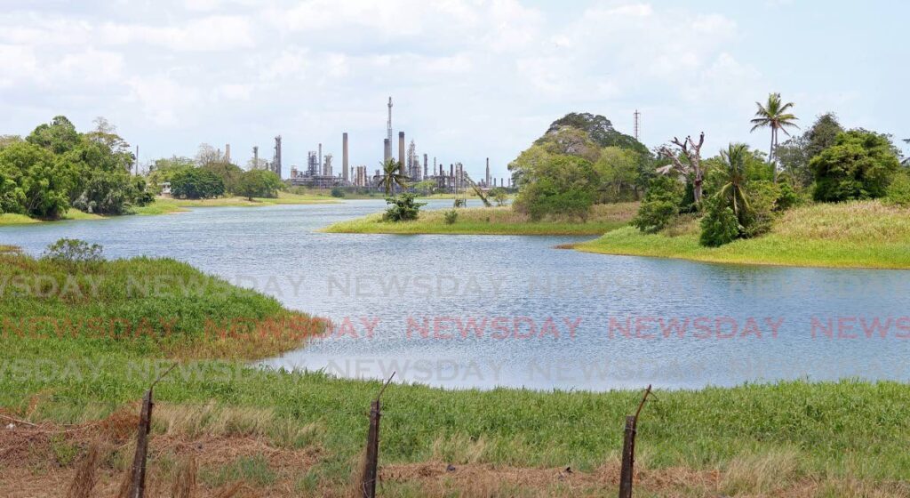 This photo taken on May 14 at the Petrotrin Pond, Gasparillo, shows the water level significantly lower than usual. - Photo by Venessa Mohammed