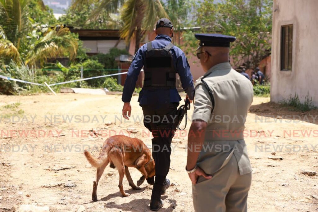In this file photo, Snr Supt Richard Smith, right, looks on as a police officer of the canine unit canvases the crime scene where two people were shot and killed by police officers on May 15.  - Photo by Jeff K Mayers