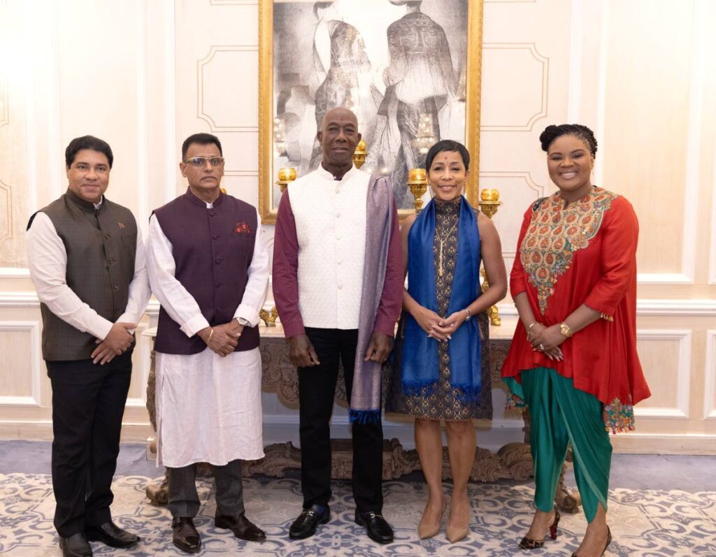 Prime Minister Dr Keith Rowley, centre, with, from left,  High Commissioner for the Republic of TT to India, Roger Gopaul, Works Minister Rohan Sinanan, Sharon Rowley and Sports Minister Shamfa Cudjoe-Lewis in Mumbai, India on May 15. - Photo courtesy OPM