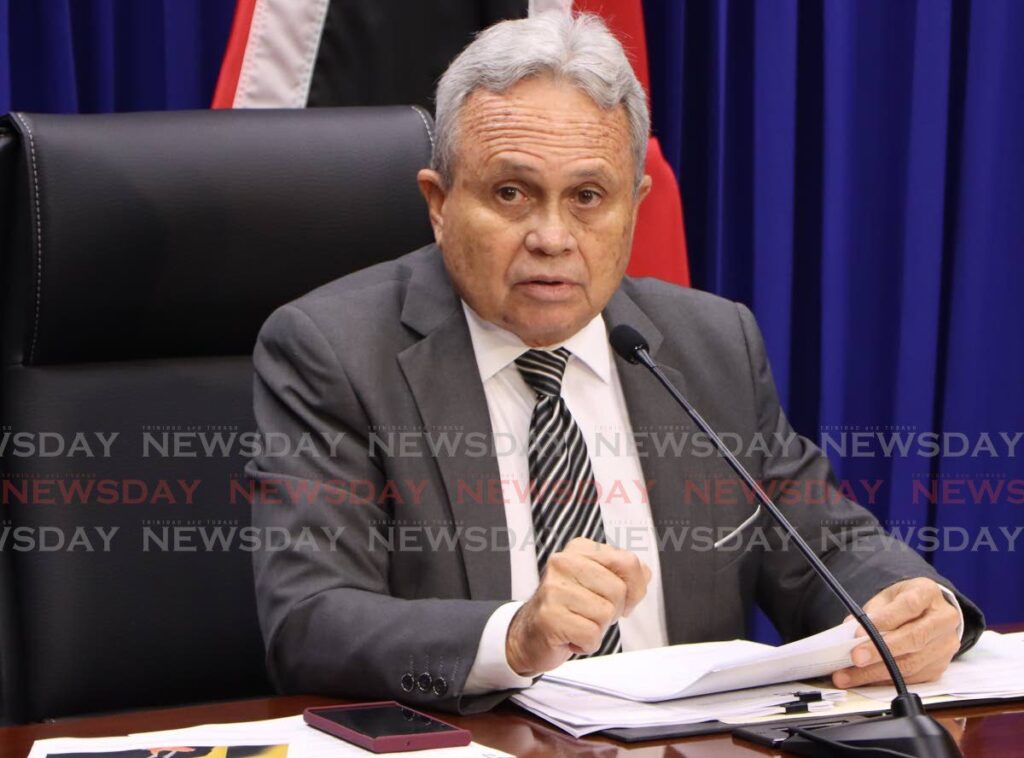 Acting prime minister and Minister of Finance Colm Imbert at a post-Cabinet briefing at Whitehall, Port of Spain, on May 16. - Photo by Angelo Marcelle