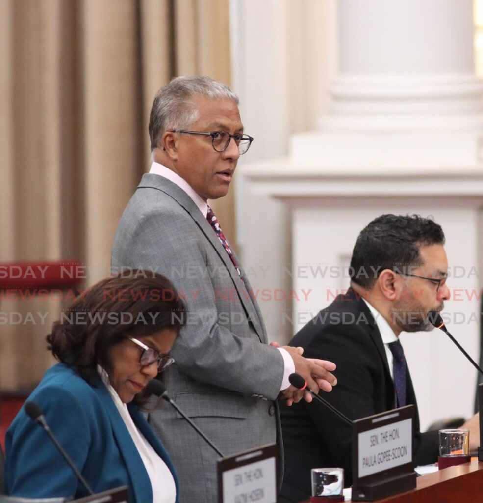 Attorney General Senator Reginald Armour contributes to debate in the Senate, Parliament, Port of Spain, on Friday. - Angelo Marcelle