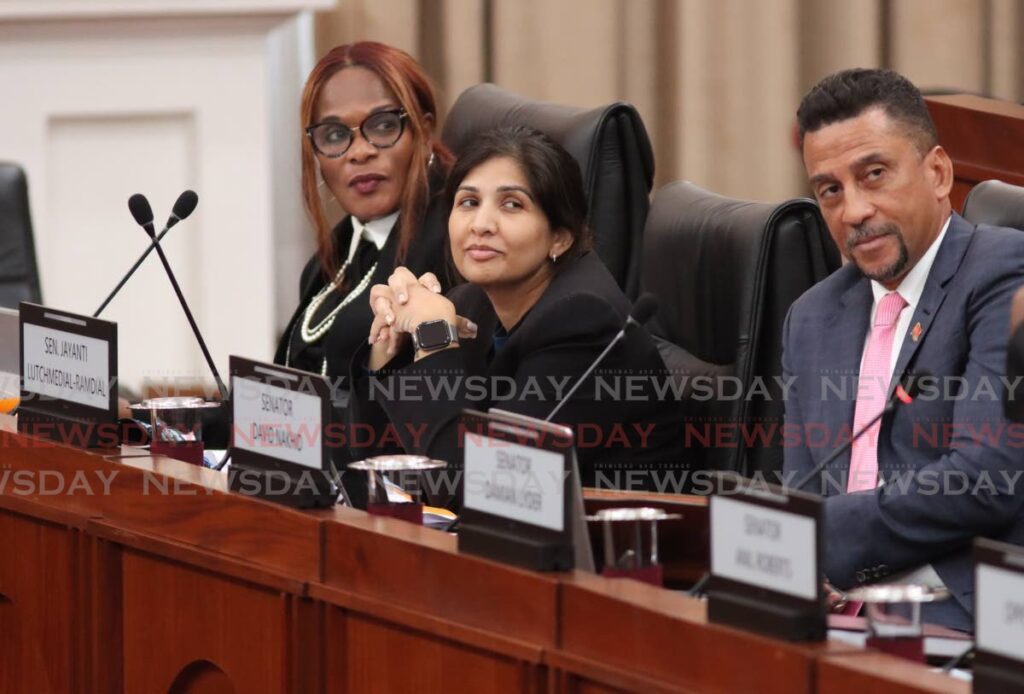 Senators Jearlean John, Jayanti Lutchmedial-Ramdial and David Nakhid at a sitting of the Senate, Parliament, Port of Spain, - File photo by Angelo Marcelle