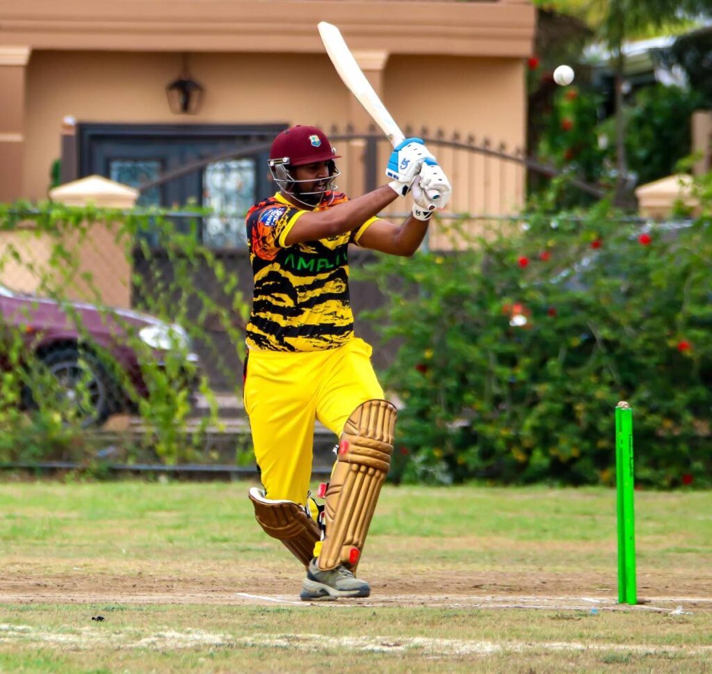Charliville Super Kings’ (CSK) Nashawn Lutchman goes for big hit during his team’s Amplia Chaguanas Mayor’s T10 match against Endeavour Sports at the Pierre Road recreation ground in Charlieville on May 20, 2024. - 