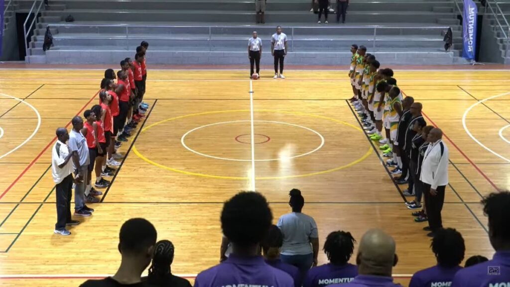 Matthew Pierre Basketball Academy, left, and Maloney Pacers get ready to tip off this year’s Momentum U23 Basketball Tournament on May 18, 2024. - 