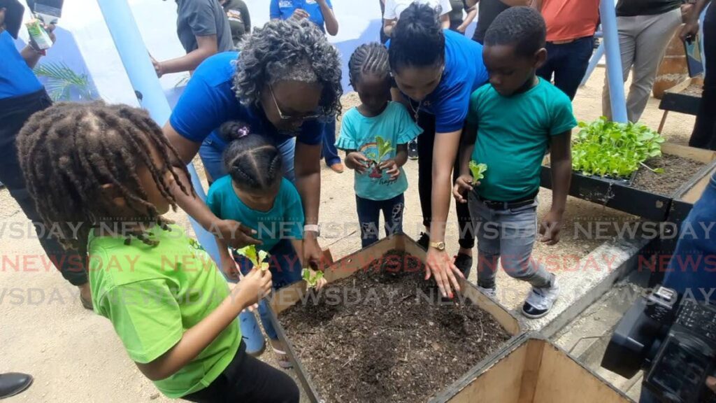 Children of the Charford Courts Tiny Tots preschool plant produce in grow boxes as part of a community fair hosted by the HDC. - Photo by Paula Lindo