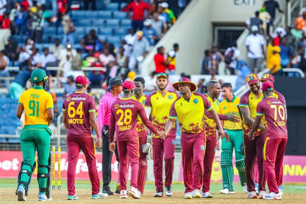 West Indies players exchange greetings following their win in the second T20 versus South Africa at Sabina Park in Jamaica. - Photo courtesy CWI media.