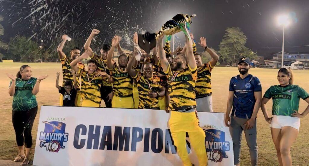 Charlieville Super Kings celebrate after defeating Central Sports in the final of the 2024 Amplia Chaguanas Mayor’s T10 tournament at Pierre Road recreation ground, Charlieville on May 26. Photo courtesy councillor Adrian Ali  - 