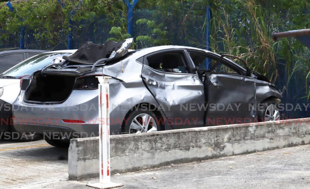 The Hyundai Elantra involved in the crash that killed Jeraldin Matamoro, 25, and Akel Mark Thomas, 28, in Chaguaramas on Sunday. - Photo by Faith Ayoung