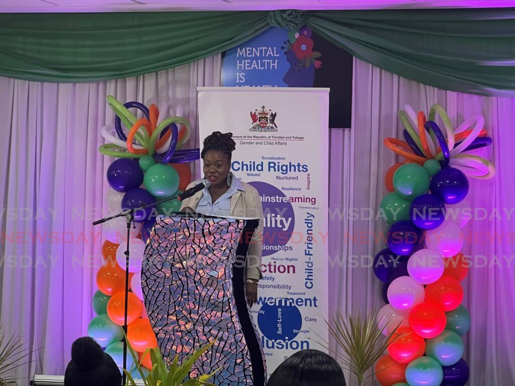 Coordinator Child Affairs Division Leah Paddier gives the opening remarks at the Ministry of Child and Gender Affairs; Mindful Moods, Happy Views programme on May 24 at the National Racquet Centre, Tacarigua. - Photo by Enrique  Rupert