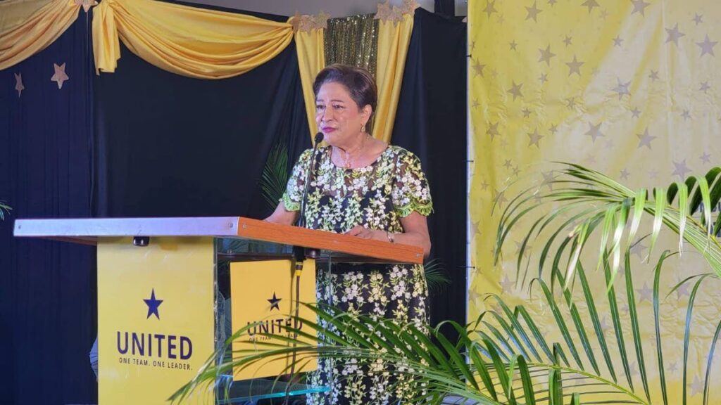 Opposition Leader Kamla Persad-Bissessar addresses the audience at the May 27 launch of the Star Team that will contest UNC internal elections. - Photo courtesy Kamla Persad-Bissessar's Facebook page