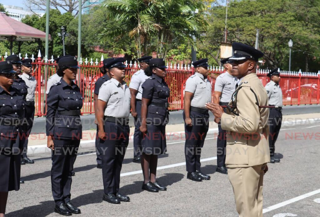 Senior Superintendent Glenn Charles calls the parade to order for the Port of Spain Mayor Chinua Alleyne's first mayor’s quarterly inspection parade in front of City Hall, Knox Street, Port of Spain on May 28.