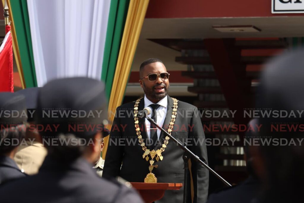 Port of Spain Mayor Chinua Alleyne speaks at his first mayor’s quarterly inspection parade in front of City Hall, Knox Street, Port of Spain on May 28.