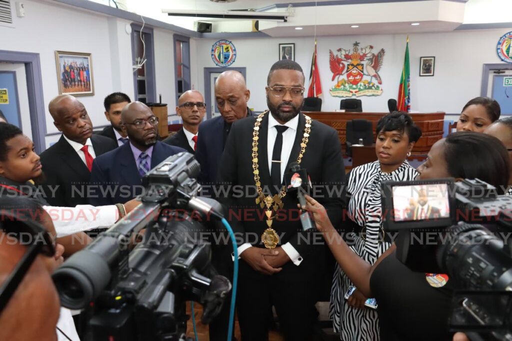 Port of Spain Mayor Chinua Alleyne speaks with members of the media at the monthly statutory meeting in City Hall, Knox Street, Port of Spain on May 28.