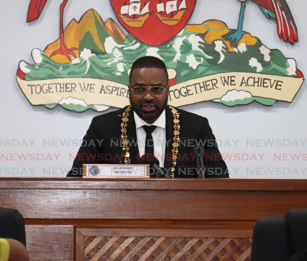 Port of Spain Mayor Chinua Alleyne speaks at the monthly statutory meeting at City Hall, Knox Street, Port of Spain on May 28.