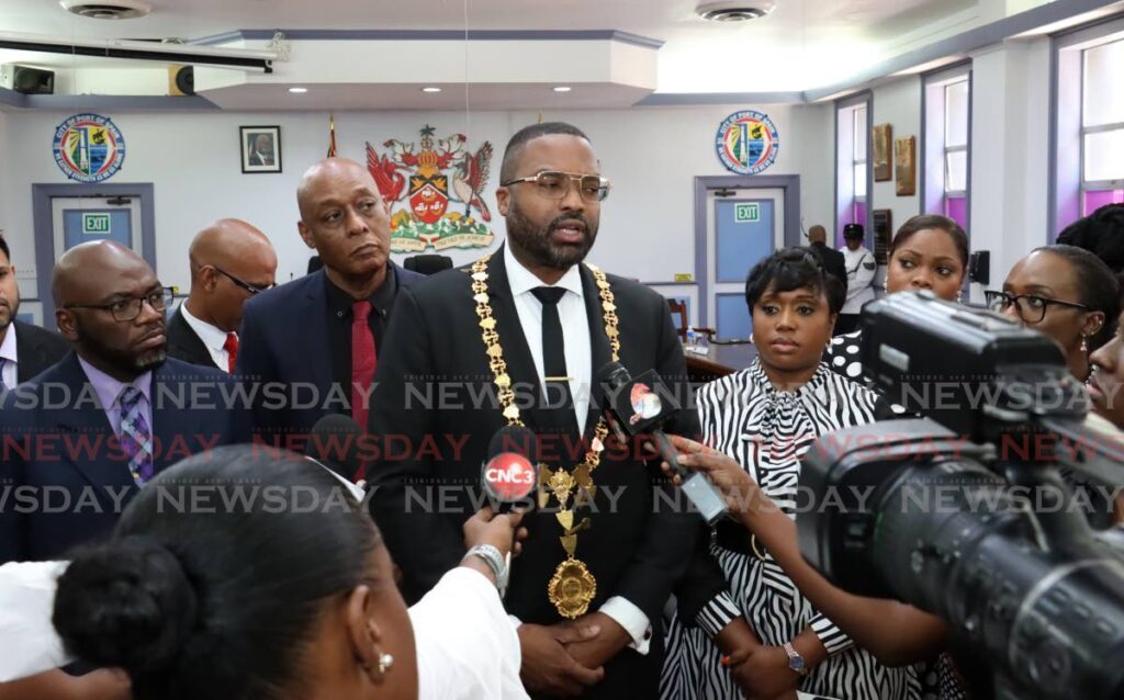 Chinua Alleyne, mayor of Port of Spain, speaks with news reporters at the monthly statutory meeting at City Hall on Knox Street, Port of Spain on May 28.