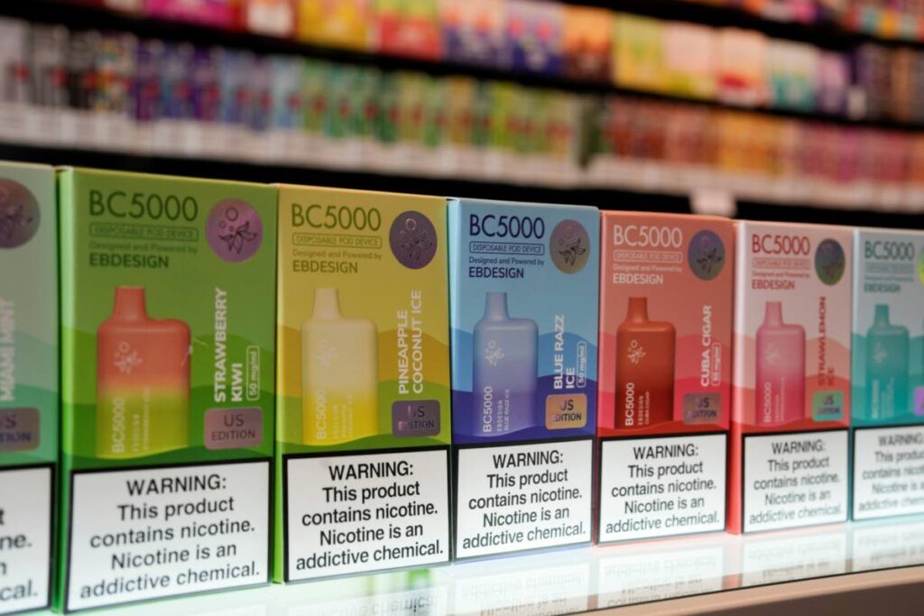 Varieties of disposable flavoured electronic cigarette devices on display at a store in Pinecrest, Florida, USA. - AP PHOTO