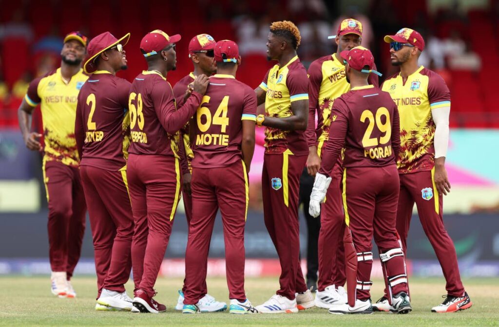 West Indies players celebrate a wicket against Papua New Guinea in a T20 World Cup match at Providence Stadium, Guyana on June 2. - Photo courtesy ICC