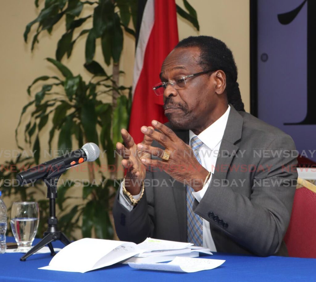 National Security Minister Fitzgerald Hinds during a press conference on June 4 at his ministry's office on Abercromby Street, Port of Spain. - Photo by Angelo Marcelle