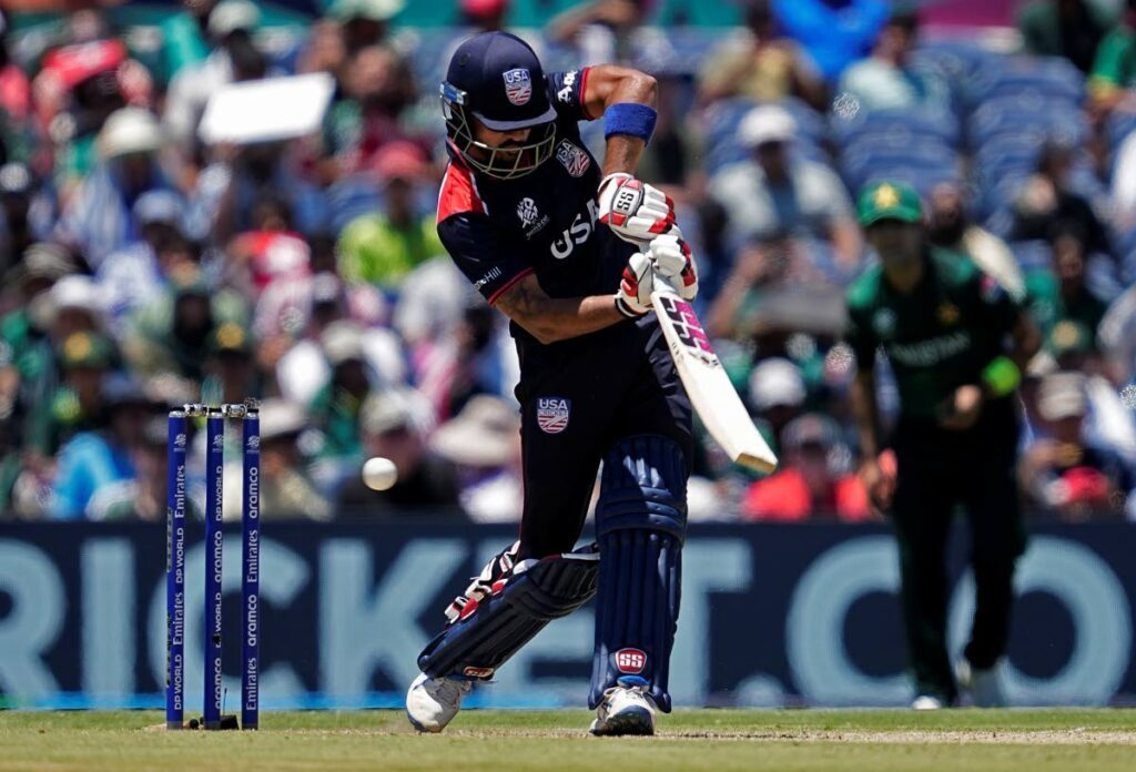 United States’ captain Monank Patel plays a shot during the ICC T20 World Cup match against Pakistan at the Grand Prairie Stadium in Grand Prairie, Texas, on June 6. The US won the match in a super over pulling off one of the biggest upsets in cricket history.  - AP PHOTO