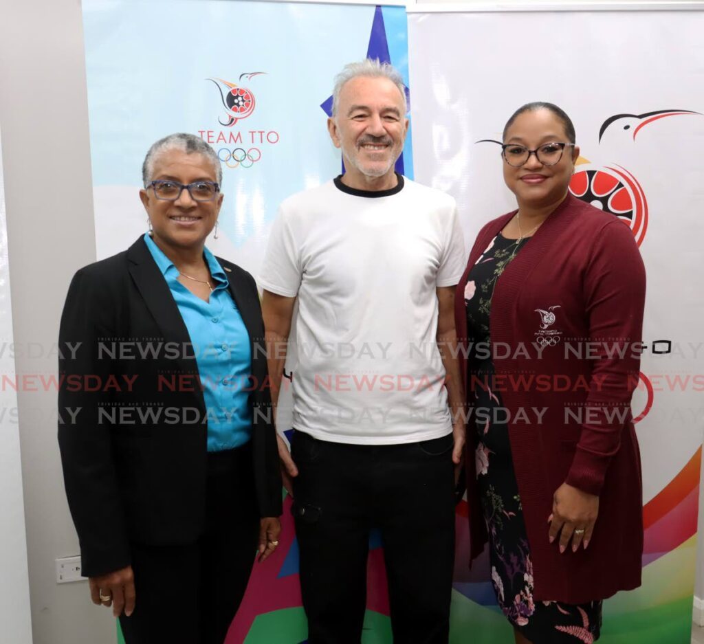 TTOC president Diane Henderson, left, Hideout Clothing consultant Jean Michel Gibert, middle, and TT chef de mission Lovie Santana-Duke at a TTOC media conference, marking 50 days to go to the start of the Paris 2024 Summer Olympic Games. The media conference was held at TT Olympic House, Woodford Street, Port of Spain on Thursday. - Photo by Faith Ayoung