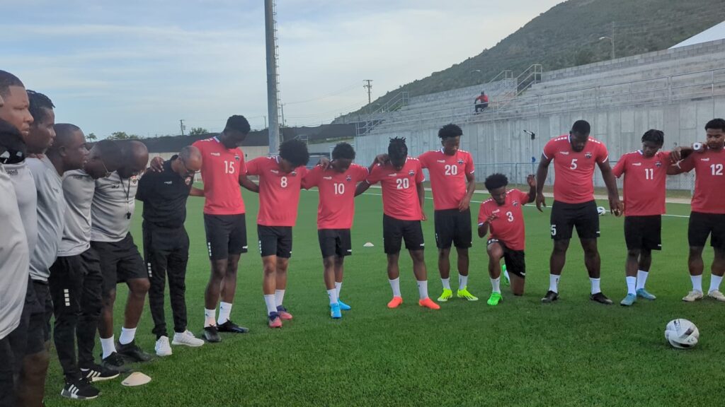 Soca Warriors gather before a training session in St Kitts on Friday. PHOTO COURTESY TT FOOTBALL ASSOCIATION - 