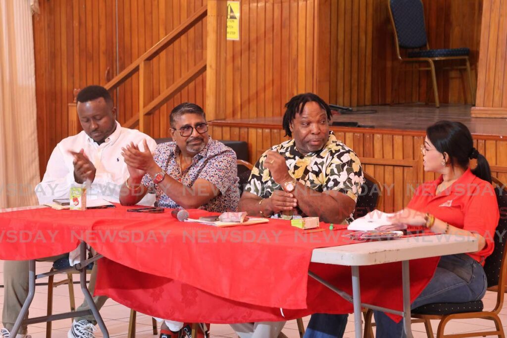 LET'S TALK: (From left) Farai Hove Masaisai, Lennox Rattansingh, Keith Scotland and Renuka Sagramsingh-Sooklal, at the head table at the PNM constitutional reform south consultation at San Fernando City Hall, Harris Promenade on June 8. - Photo by Lincoln Holder 