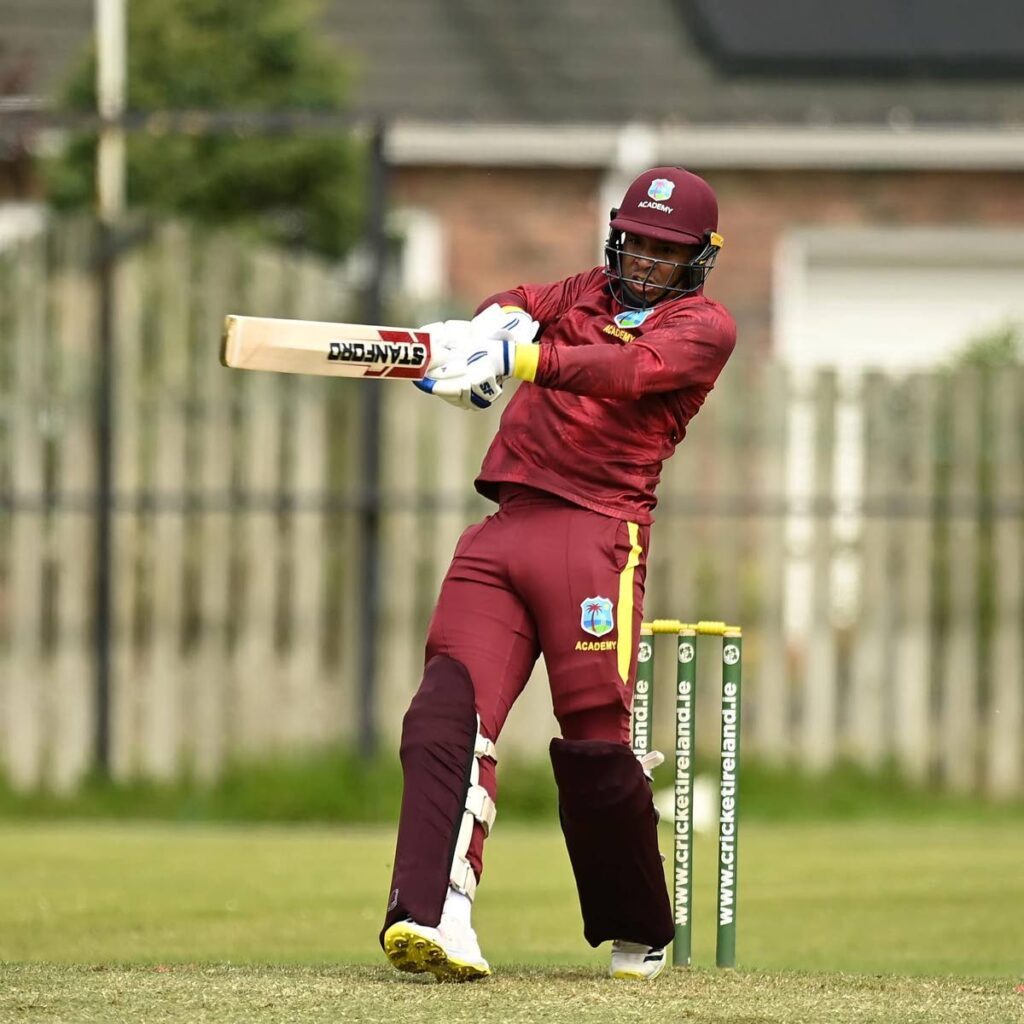 West Indies Academy opening batsman Leonardo Julien plays an attacking shot versus the Emerging Ireland team in their first 50-over match in Eglinton on June 11. Photo courtesy Windies Cricket.  - 