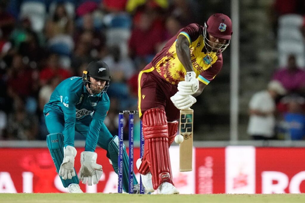 West Indies' Sherfane Rutherford bats during the men's T20 World Cup  match between the West Indies and New Zealand at the Brian Lara Cricket Academy, Tarouba on June 12. - AP PHOTO
