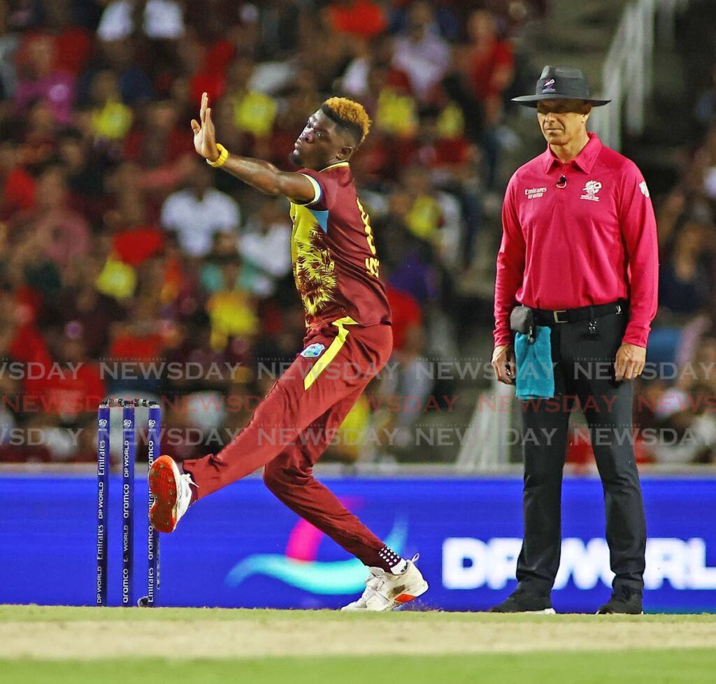 West Indies’s Alzarri Joseph bowls during the ICC T20 World Cup match against New Zealand, on June 12, 2024, at the Brian Lara Cricket Academy, Tarouba.  - Photo by LIncoln Holder 