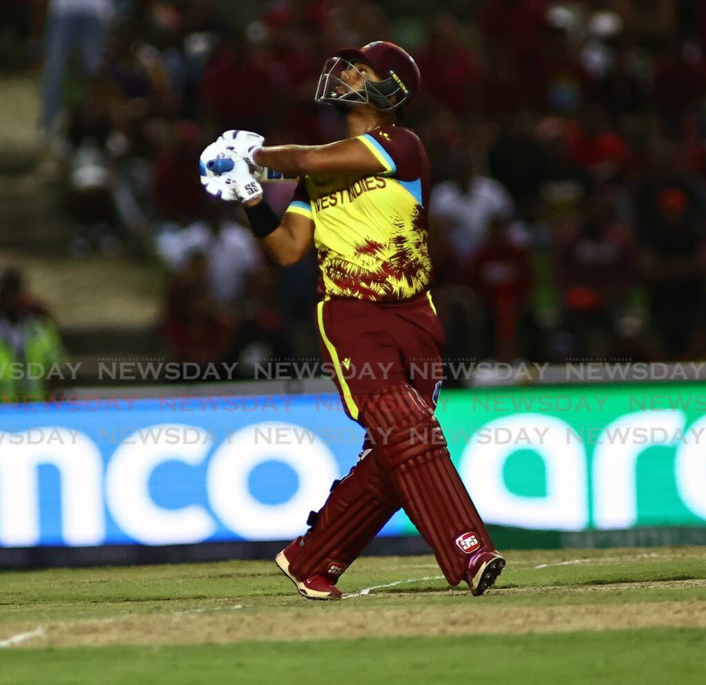 West Indies wicket-keeper/batsman Nicholas Pooran plays a shot during the match against New Zealand in the ICC Men’s T20 Cricket World Cup at the Brian Lara Cricket Academy, Tarouba, on June 12, 2024. - Photo by Lincoln Holder