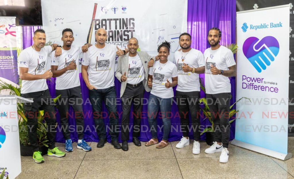 (L-R) Former TT cricketer Rayad Emrit, TT cricketer Kharry Pierre,  TT Cancer Society chairman Robert Dumas, senior manager, group marketing and communications, Republic Bank Kwame Blanchfield, TT cricketer Caneisha Isaac, TT cricketers Terrance Hinds and Kjorn Ottley at the TT Cancer Society launch Relay for Life 2024 event Batting Against Cancer with Republic Bank at RBL Sports Complex, Barataria on June 13. - Photo by Jeff K Mayers