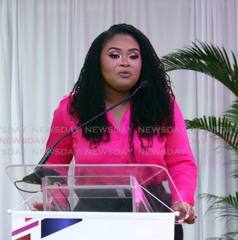 Shamfa Cudjoe-Lewis, Minister of Sport and Community Development, gives the feature address at The Becoming: Life Skills Workshop graduation ceremony at the National Racquet Centre, Orange Grove Road, Tacarigua on June 15. - Photo by Faith Ayoung